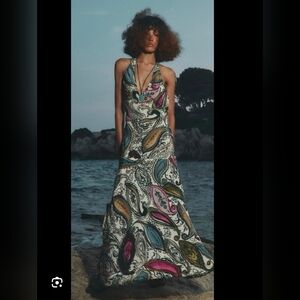 Nwt ZARA Collection Paisley Printed Halter Maxi Dress M